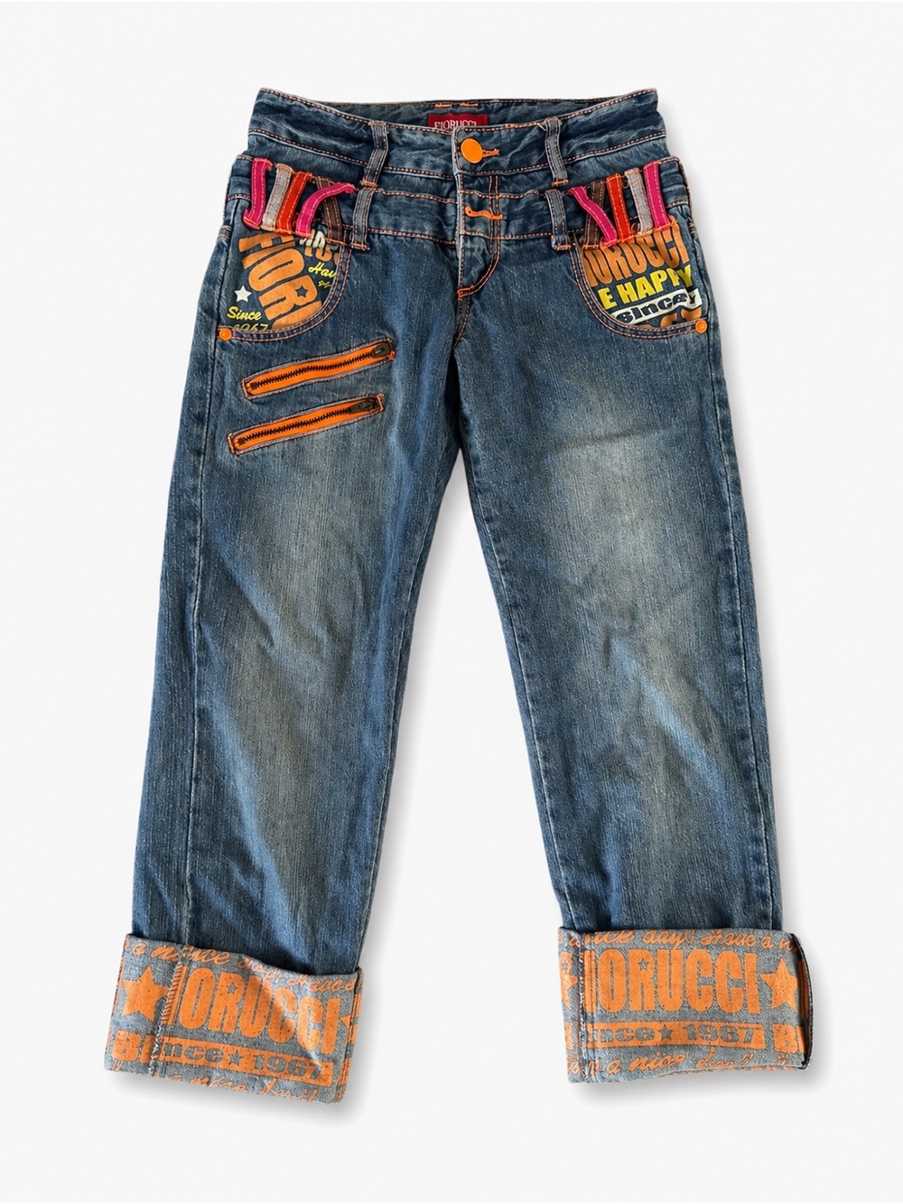 Rare Fiorucci J-SS 140 Y2K Harajuku Double Waist Graphic Jeans XXS XS